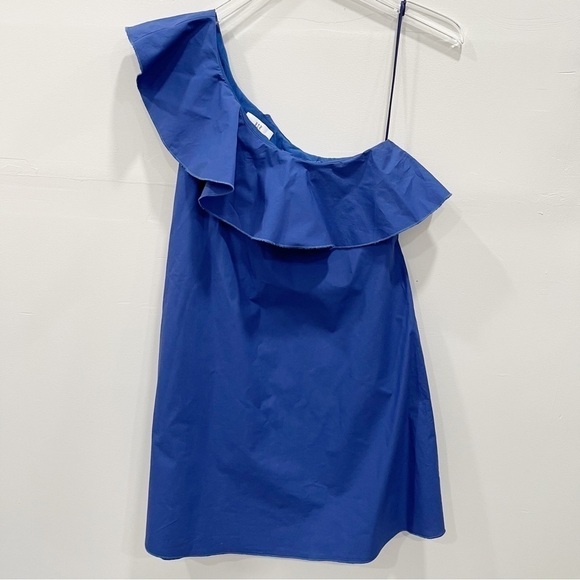 NSR One Sleeve Ruffle Trim Blue Mini Dress Medium - Picture 1 of 7